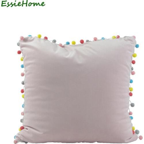 ESSIE HOME Cushion Cover Pillow Case Pink Pale Pink Cute Soft Velvet Pom Pom Trim Tassel Lovely Childrens Room Decor
