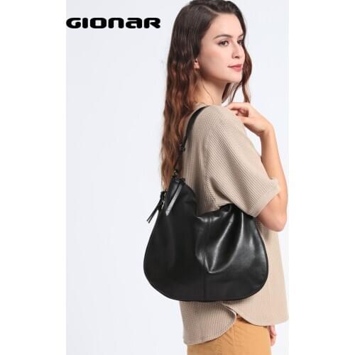 GIONAR Genuine Handcrafted Soft Leather Hobo Bag for Women Luxury First Layer Cow Skin Handbags Designer Large Black Toe Bag