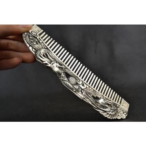 Collectible Handwork Old Miao Silver Carving Dragon Phoenix Wonderful Comb