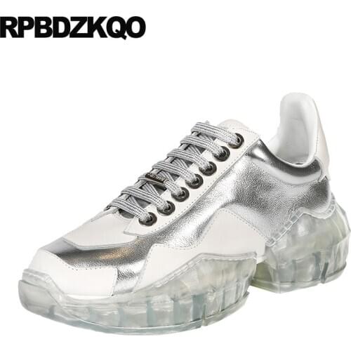 Creepers platform shoes genuine leather muffin elevator brand trainers wedge sneakers lace up women thick sole leisure silver