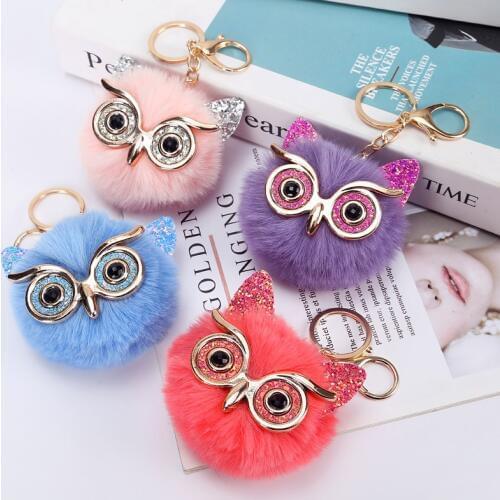 Lovely Sequin Ear Owl Keychains For Girls Boy Fluffy Fake Animal Fur Ball Pompon Key Chain Plush Keychains
