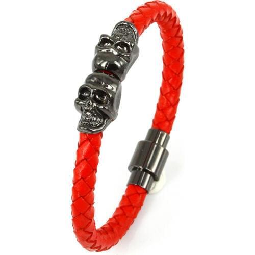 Trendy Skull Genuine Leather Bangles Men Bracelets Punk Rock Jewelry Gold Color Double Skeleton Twin Skull Gun Black Color Gift