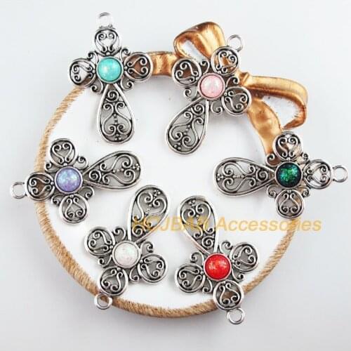 6 New Flower Cross Charms Tibetan Silver Tone Retro Mixed Resin Pendants 31x48mm