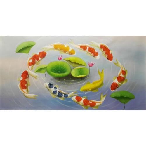Hand Painted High Quality Animal Oil Canvas Painting Realist Nine fish Oil Painting Wall Art Painting Picture for Living Room