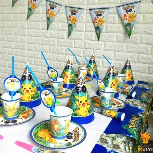 6 People Disposal Tableware Pokemon Picacho Wizard Kids Birthday Party Supplies Flag Cup Plate Tablecloth Starw Plate Knife