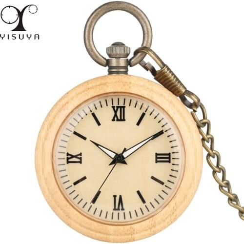 Luminous Hands Roman Numerals Display Bamboo Wood Pocket Watch Retro Bronze Chain Open Face Wooden Pendant Timepiece Retro Gift