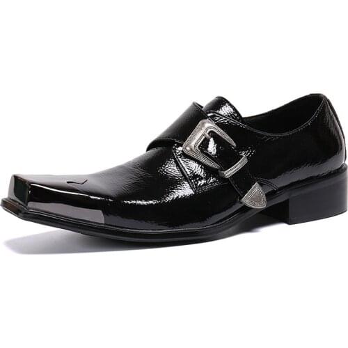 New Summer Casual Mens Classic Fashion Shoes Breathable Square Toe Buckle Metal Personality Cowhide Leather Mens Shoes