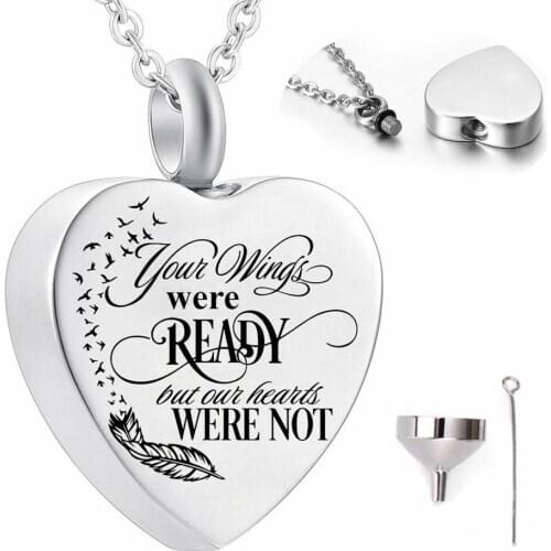Your Wings Were Ready But Our Heart Were Not Cremation Heart Pendant Urn Perfume Necklace For Ashes Memorial With Funnel Kit