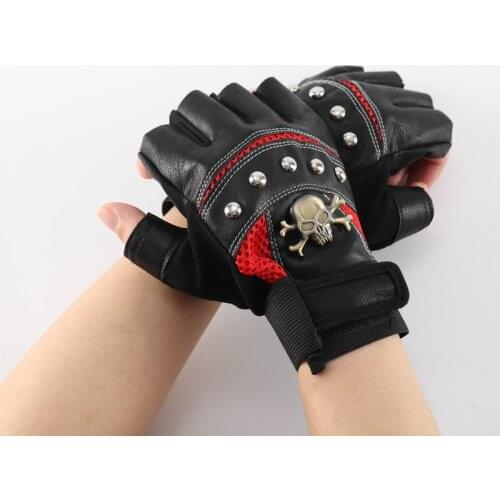 Cycling Gloves Motorcycle Gloves PU Half Finger Leather Gloves Street Fashion Glove Riding Tactics Skull Head Rivet GYM Gloves