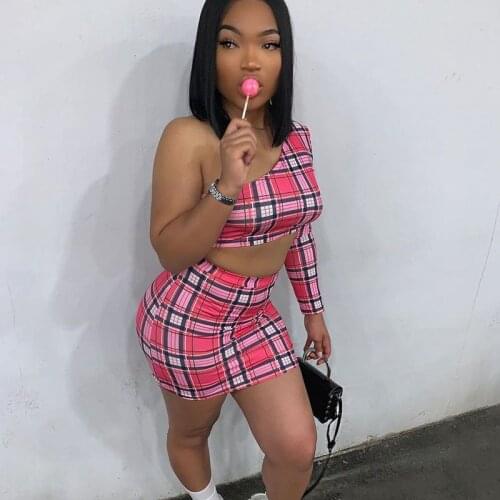 2021 Spring Lattice Sexy Two Piece Set One Shoulder Crop Top Mini Skirt Matching Sets Fashion Sportswear Streetwear Y2k Clothes