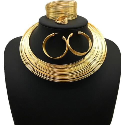 Bride Jewelry Sets Gold&Silver Color Alloy Multi Layer Wire Choker Necklace Earrings Ring Bracelet Wedding Accessories for Lady