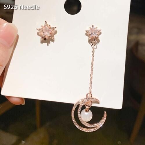 Real 925 Sterling Silver Needle Long Dangle Earrings for Women Jewelry Star Moon Asymmetric Female Drop Tassel Earrings