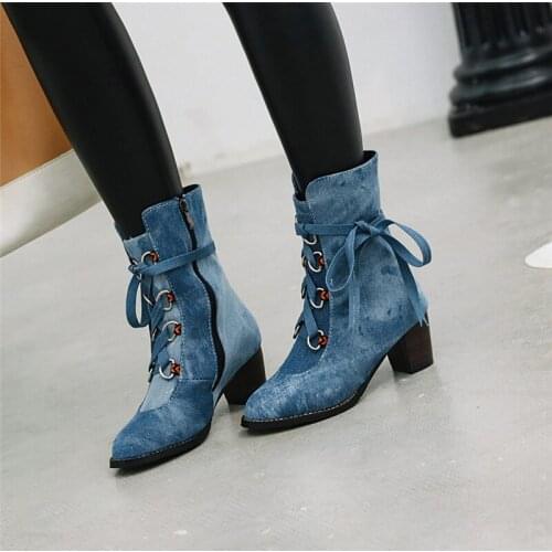 YMECHIC 2019 Autumn Winter Denim Cross Tied High Heel Boots Female Blue Purple Block Heels Ankle Riding Knight Boots Shoes Woman