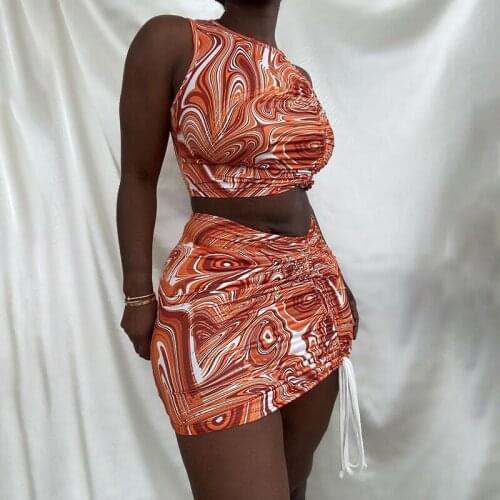 Womens Two Piece Set Sleeveless Crop Top Draw String Tight Sexy Mini Skirts Club Wear Short Dress Sets 2021