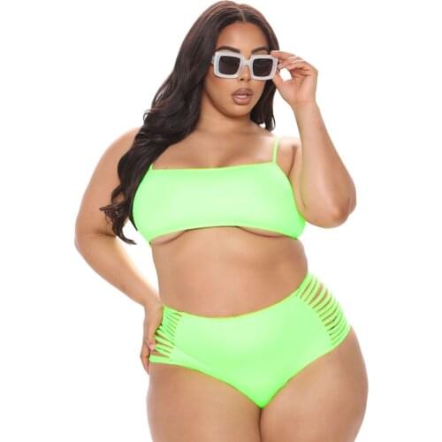 XL-5XL Solid Plus Size 2 Piece Bikini Set Summer Outfits Spaghetti Strap Crop Tops and Side Hollow Beach Shorts Matching Suits