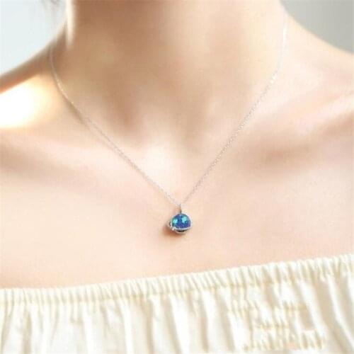 Gradient Blue Earth Dreamy Cute Planet Pendant Necklace for Women Clavicle Chain Female Gift 925 Silver Jewery Mujer Colar SN171
