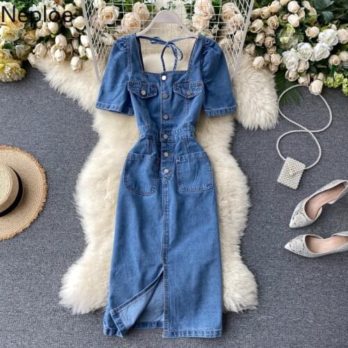 Neploe Ins Womens Vintage Dress Square Neck Single Breasted High Waist Denim Dresses Female Summer Short Sleeve Split Vestidos