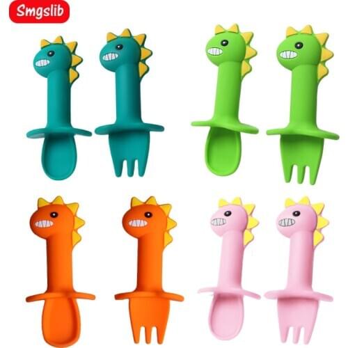 2Pcs/Set Baby Learn Spoon Fork Set Short Easy Spoon Cartoon Dinosaur Silicone Teether Toys Anti-slip Feeding Training Utensils