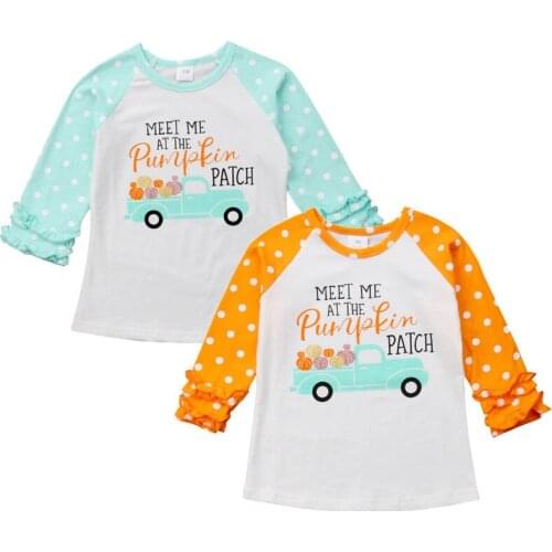 2019 Halloween Kids Clothes Baby Girl Pumpkin Pattern Ruffles Long Sleeve T-shirt Cotton Casual Tops Clothes Blue Orange 1-5T