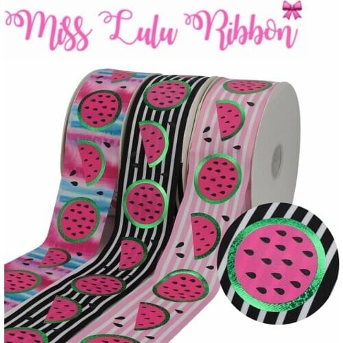 3"75mm Watermelon Green Hologram Foil Black Pink Ink Printing Printed Grosgrain Ribbon DIY Hairbow Black Pink Lines 50yards/roll