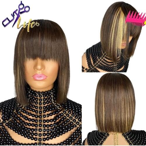 4/27 Highlight Bob Wig Brazilian Straight Wig No Lace 100% Human Hair Wigs Honey Blonde Ombre Cheap Wig Remy for Black Women