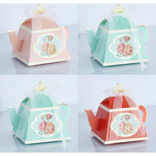 50pcs European Pink / Blue / Red Royal Teapot Wedding Favors Candy Boxes Bomboniera Retro Party Favors Gift Box Chocolate Box