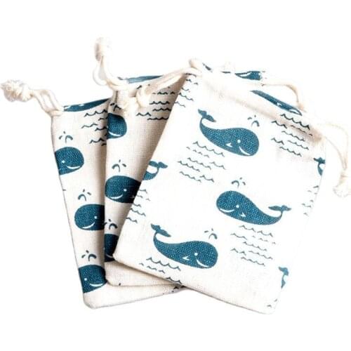 50pcs 9x12cm 14x16cm 19x24cm Cotton Manual Gift Bags With Blue Whale Printing Lovely Drawstring Pouches Packaging Bags