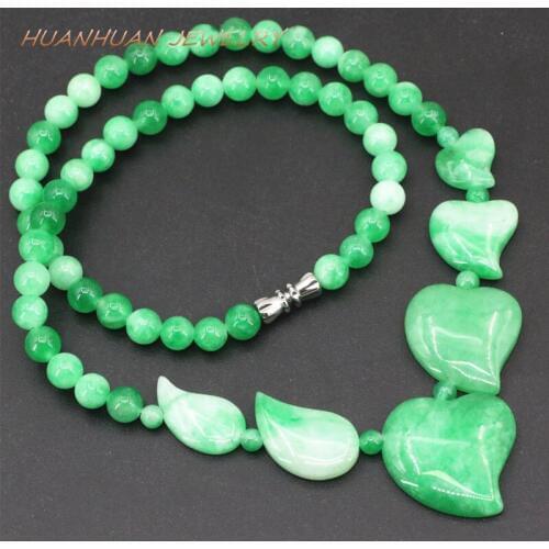 6mm Round Natural Stone Beads Necklace For Women Green Jades Chalcedony Heart Leaf Pendants Necklace Charms Jewelry 18inch B3394