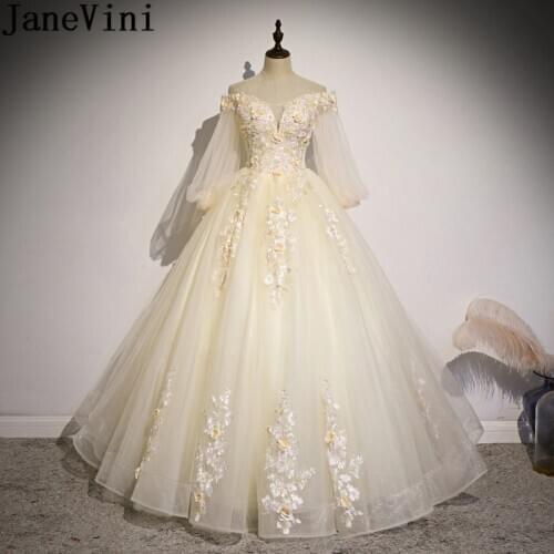 JaneVini Champagne Flowers Ball Gown Quinceanera Dresses Long Sleeve Off Shoulder Tulle Pearl Lace Applique Sweet 16 Party Dress