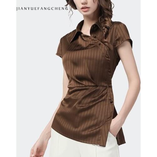Vintage Striped Women Satin Tops 2021 Summer New Short Sleeve Turn-down Collar Side Opening Ladies Shirt Elegant Slim Blouses