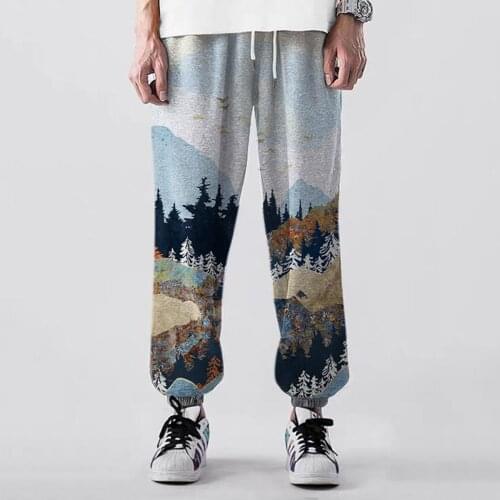 Mens Loose Pants Fitness Sportwear Mountain Treetop Print Harajuku Pants Man Pocket Running Athletic Harem Pants Se6