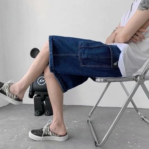 Blue Denim Pants For Mens Thin Summer Outer Wear Large Pocket Overalls Jeans Casual Loose Five-point Straight Wide-leg Shorts
