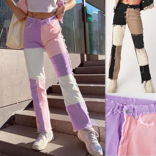 2021 Spring/Autumn Womens Cargo Jeans Trend Mixed Color Joint High Waist Tight Buttocks Womens Cotton Straight Jeans Trousers