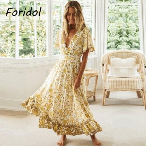 Foridol Short Sleeve Floral Boho Dress Summer Long Dress Casual V Neck Beach Maxi Dress Women 2021 Vintage Holiday Dress