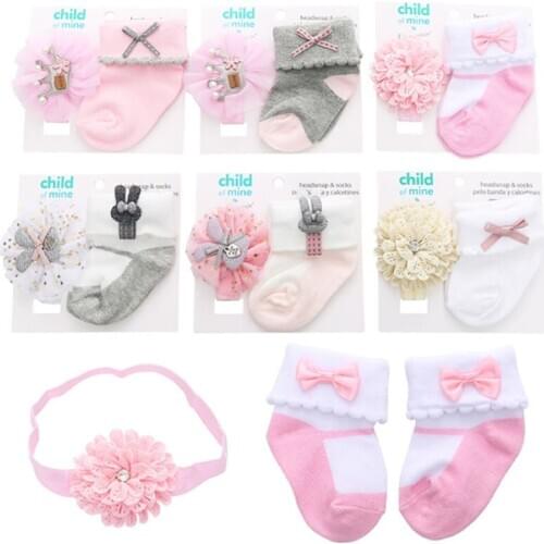 New Style Bow Princess Cotton Baby Socks Girls Solid Color Cartoon Children Hair Band Set Headbands Newborn Sock