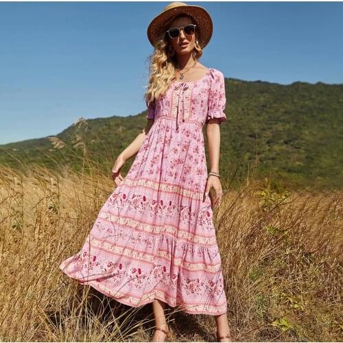 Jastie Floral Print Vintage Women Dress Lace up Neck Short Sleeve Maxi Summer Dresses 2021 New Boho Beach Long Female Vestidos
