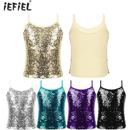 Kids Girls Crop Top Rave Outfits Sparkly Shiny Sequins Dance Camisole Tops Tank Top for Dancing Stage Performance Girls Clothes