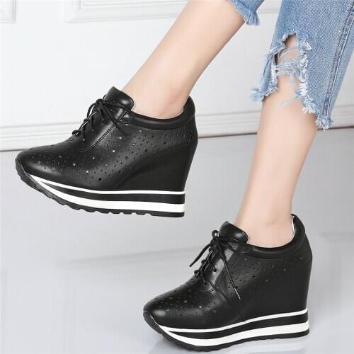 Fashion Sneakers Women Lace Up Genuine Leather Wedges High Heel Ankle Boots Female Round Toe Platform Pumps Shoes Casual Shoes