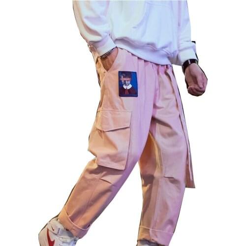 Mens hip-hop overalls womens Japanese jogging casual harem pants pink