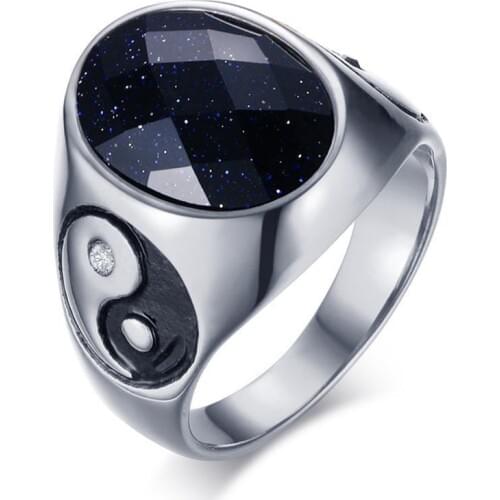 Men High Quality Metal Yin Yang Symbol Ring Vintage Oval Brown Stones Inlaid Punk Jewelry