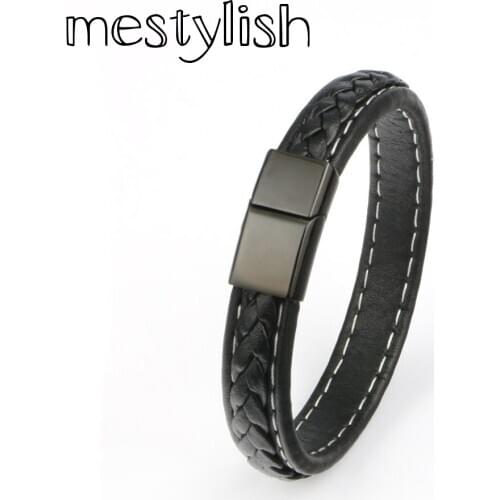 Mestylish Genuine Leather Bracelet Men Stainless Steel Leather Braid Bracelet Black Magnetic Buckle Clasp pulseiras masculina