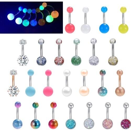 Glowing Luminous 14g Belly Button Rings Set Double Ball Belly Navel Piercing Crystal Navel Belly Rings for Women Body Piercing