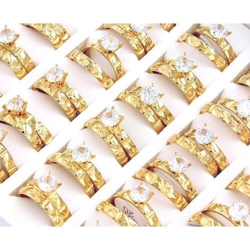 Wholesale Bulk Job 12Set=24Pcs CZ Crystal Stainless Steel Gold Ring Band Eternity Men Women Wedding Party Valentine Gift FREE