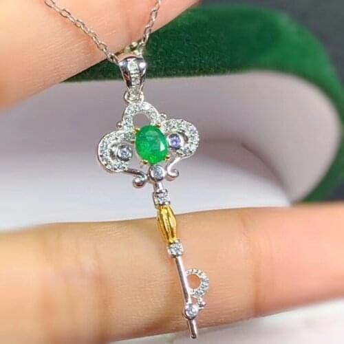 Natural green emerald gem Pendant natural gemstone pendant necklace S925 silver Fashion lovely crown key girl gift fine jewelery