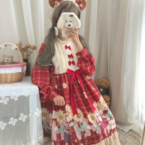 2020 New Lolita Dress Sweet Daily Soft Sunflower Girl Cute Bear Plaid Japanese Kawaii Girls Princess Maid Vintage Gothic Dress