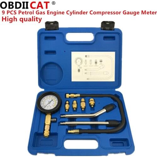 OBDIICAT 9 PCS Petrol Gas Engine Cylinder Compressor Gauge Meter Test Pressure Compression Tester Leakage Diagnostic Tools