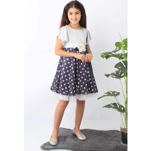 Female Child Black Silvery Polka Dot Short-Sleeve Dress Piece Print Zipper Woven Trend Cycling Neck Viscose Belted