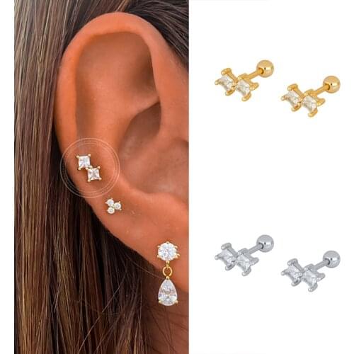 Trustdavis Real 925 Sterling Silver Square CZ Screw Beads Stud Earrings For Women Children Baby Girls Minimalist Jewelry A30