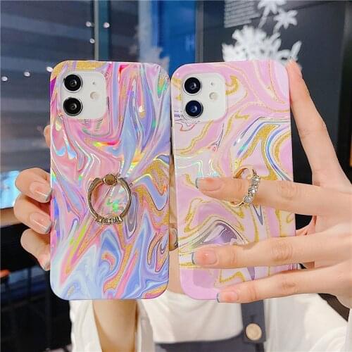 Finger Ring Laser Marble Phone Case For iphone 12 Mini X XR XS 11 Pro Max 7 8 Plus SE 2020 Silicone Glossy Glitter Back Cover