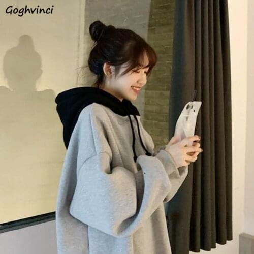 Women with Hat Hoodies Patchwork Loose Sweatshirts Pockets Oversized Casual Lazy Korean Style Ulzzang Fashion Trendy All-match